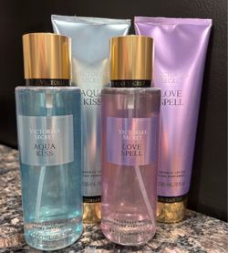 NEW VICTORIAS SECRET PINK AQUA KISS OR LOVE SPELL FINE FRAGRANCE MIST AND LOTION SETS $15 a set!