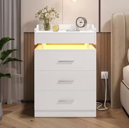 Large Nightstand with Charging Station and LED Lights, Set of 1,White