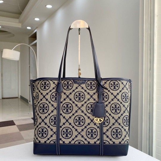 New Tory Burch Perry Monogram Jacquard Triple Compartment Tote In Navy