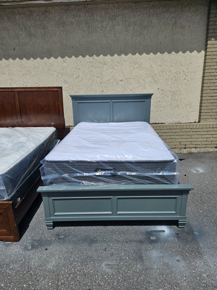 Full Size Solid Wood Bed Frame With Brand New Full Size Plush Memory Foam Cool Gel Ultimate Mattress And Box Spring In Plastic