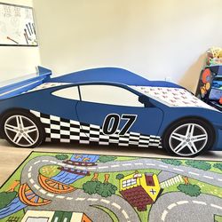 Blue Twin Size Wooden Car Bed With Mattress
