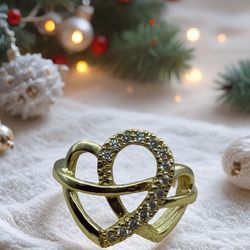 Fashion Gold Color Plated Boho Simple Hollow Sparkling Crystal Heart Shape Sz. 6