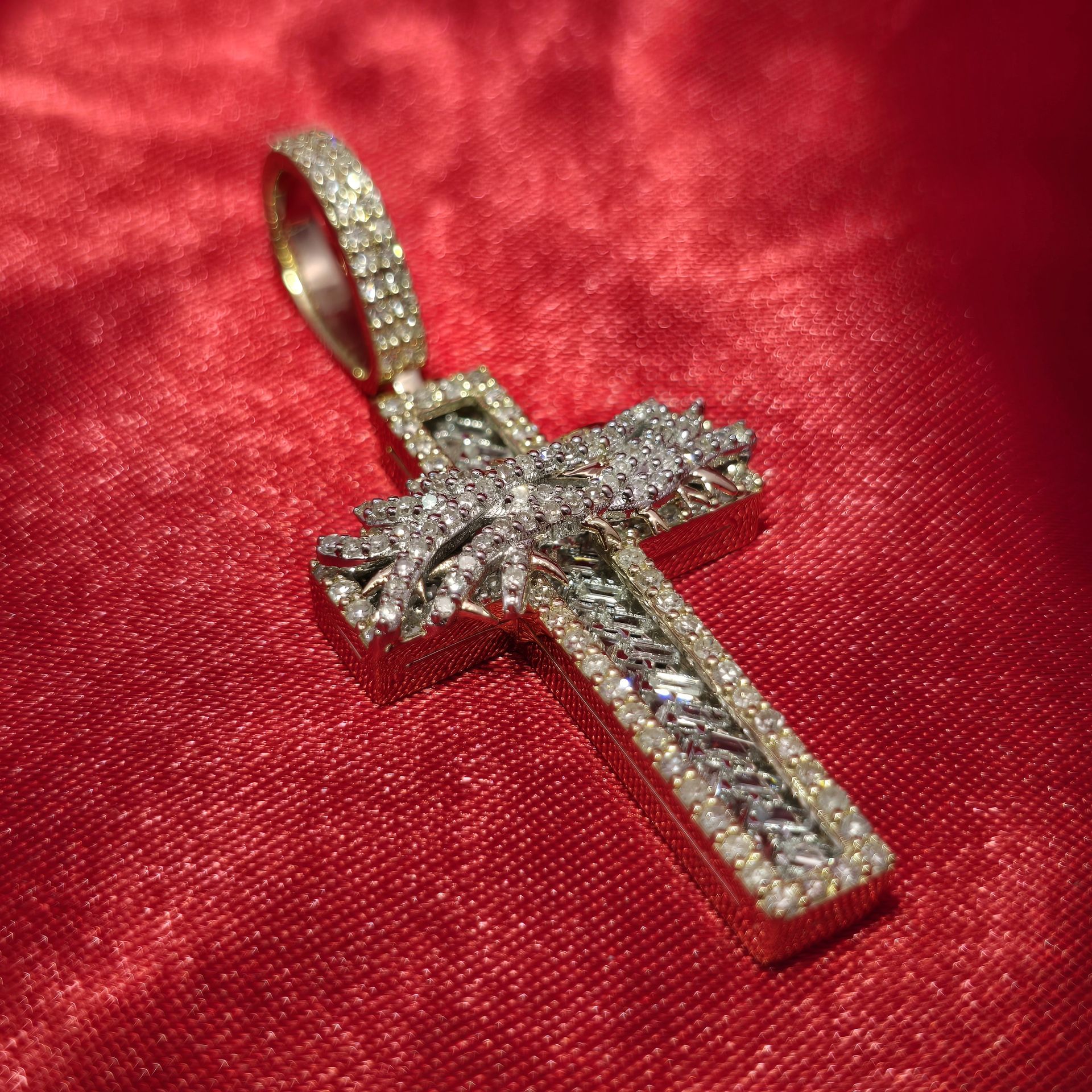 10k Yellow Gold Diamond Baguette Cross Pendant 1.55 ctw