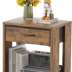 Rustic Brown Bedside Table with Fabric Drawer and Open Wood Shelf