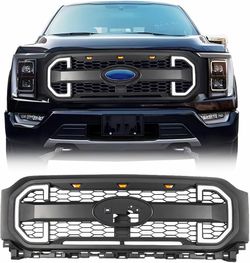 Mesh Grill Front Grille W/DRL & Turn Signals For 2021-2023 F150 Matte Black, 3 in 1 Light DRL/Turn/Hazard Lights , 3pcs Amber LED Lights, ABS Material