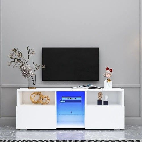 Modern Minimalist TV Cabinet with LED Lights (White)