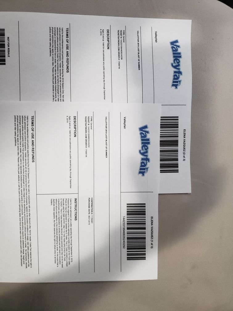 2 valley Fair tickets plus parking