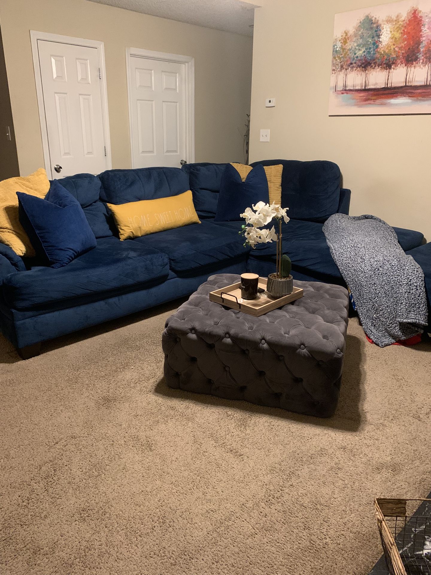 Navy Blue Suede Sectional With 2 Ottomans