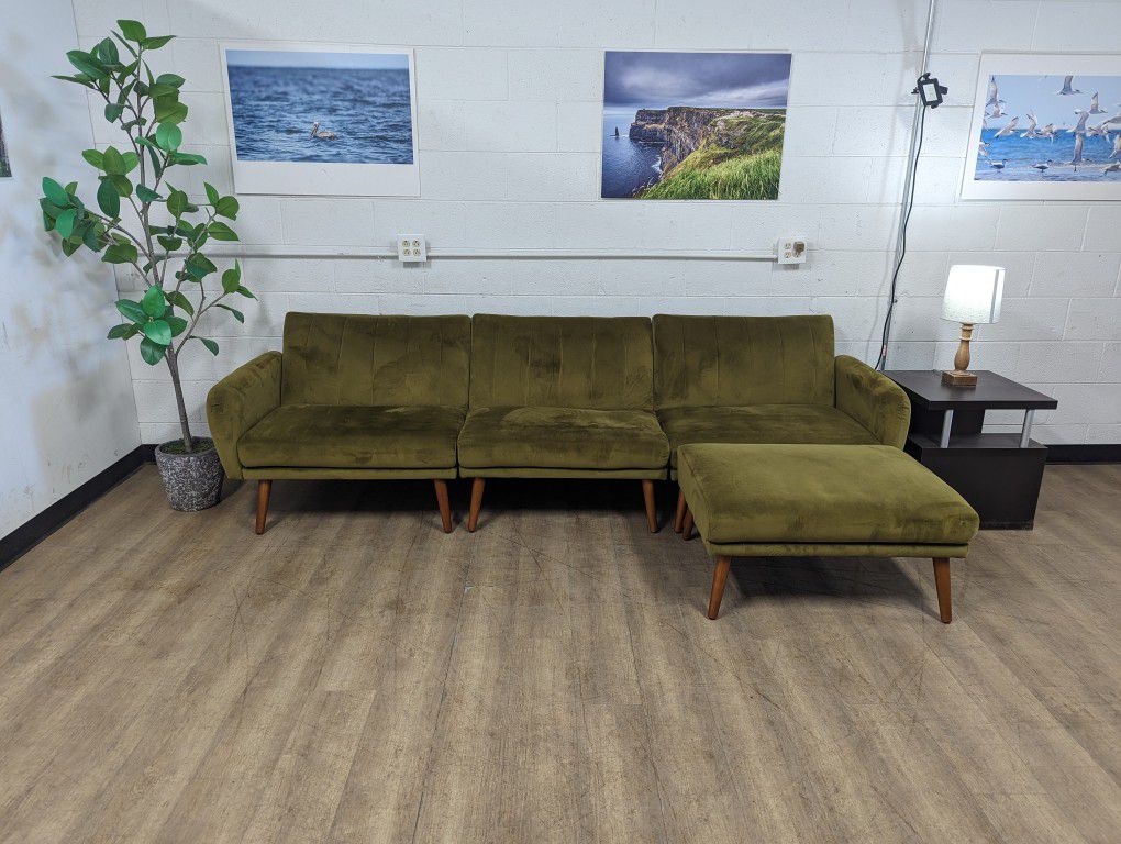 Olive Green Mid-Century Modern Velvet Futon Sectional ~Free Delivery~