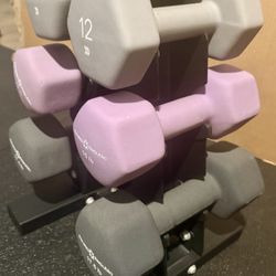 Cast Iron Neoprene Coat ...Set of Dumbbells with Rack; pairs of  12s, 15s and 17.5 lbs. 