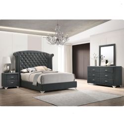 Grey Velvet 4 Piece Bed Set Queen Crystal Tufted Nailhead Trim Includes Queen Bed Frame Dresser Nightstand & Mirror Brand New In Box Firm Price $840