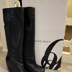 Nine West Black Leather Knee High wedge Boots Size 8