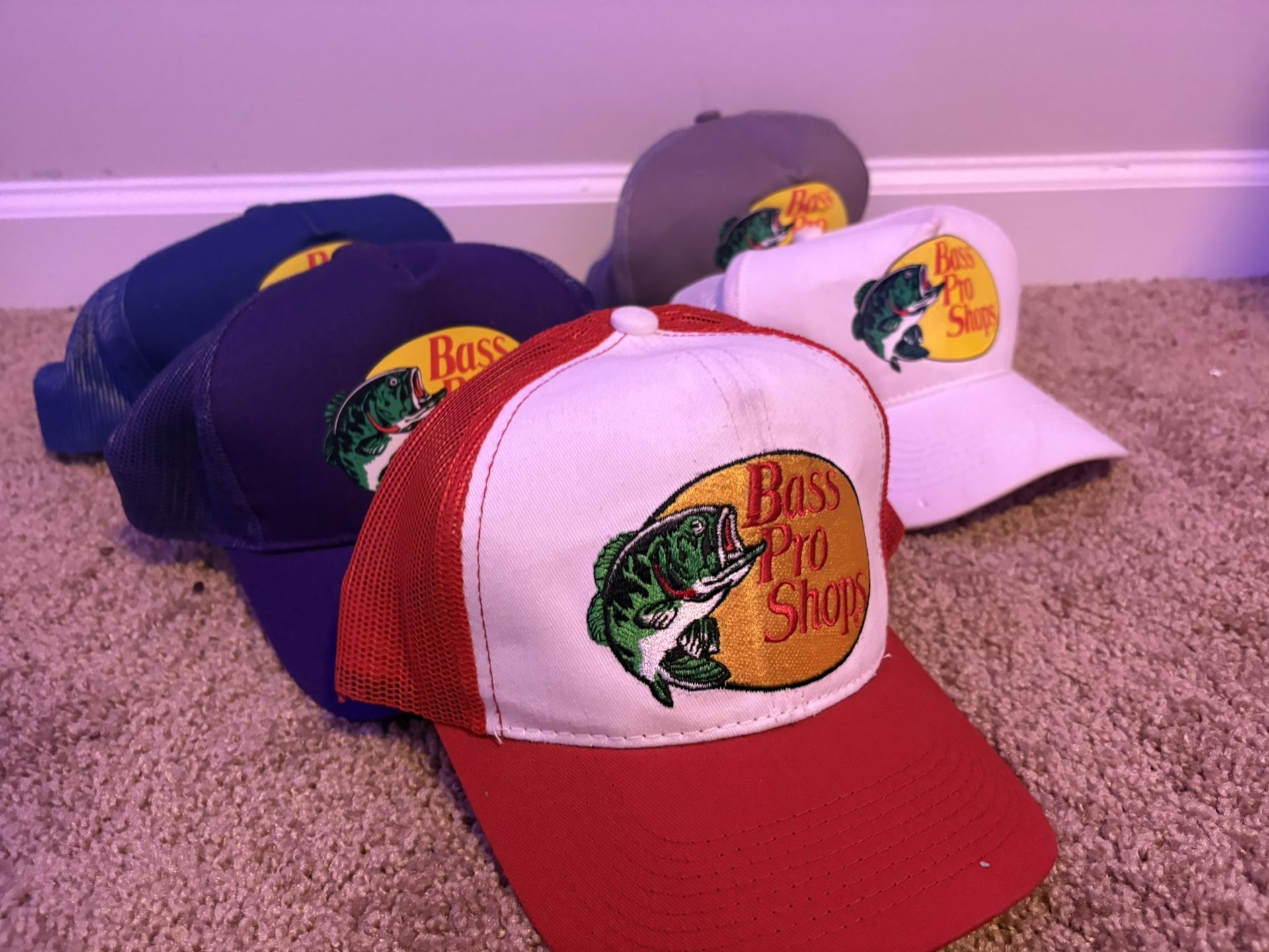 Bass Pro Shops trucker hats - 5 pack in red, white, blue, grey and purple 