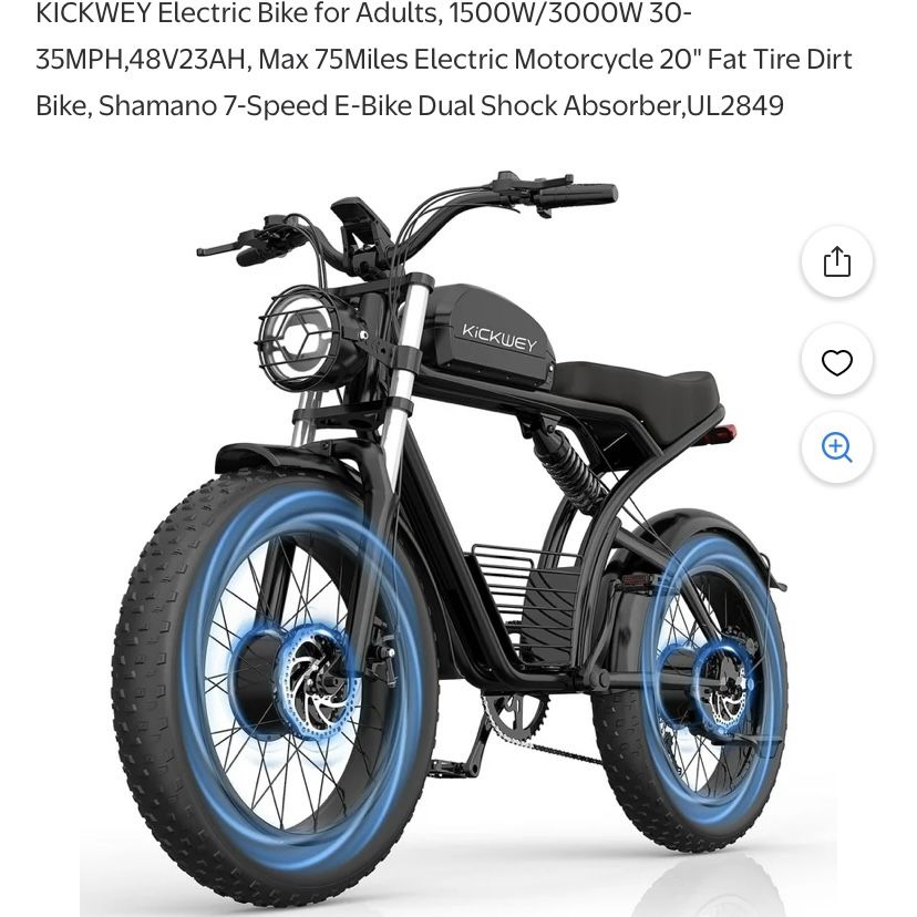 KICKWEY Electric Bike for Adults, 1500W/3000W 30-35MPH,48V23AH, Max 75Miles Electric Motorcycle 20" Fat Tire Dirt Bike, Shamano 7-Speed E-Bike Dual Sh