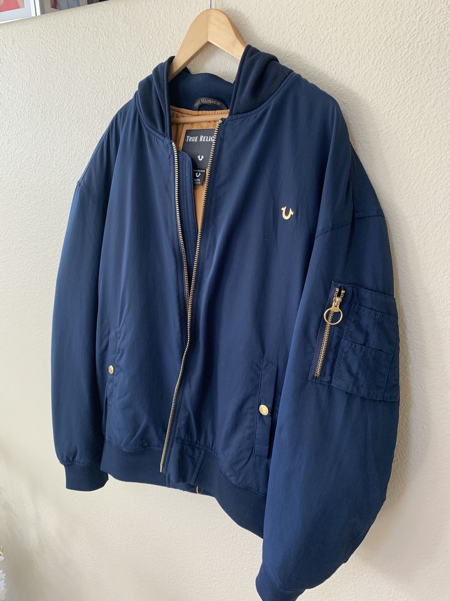 True Religion Blue Light Hooded Bomber Jacket