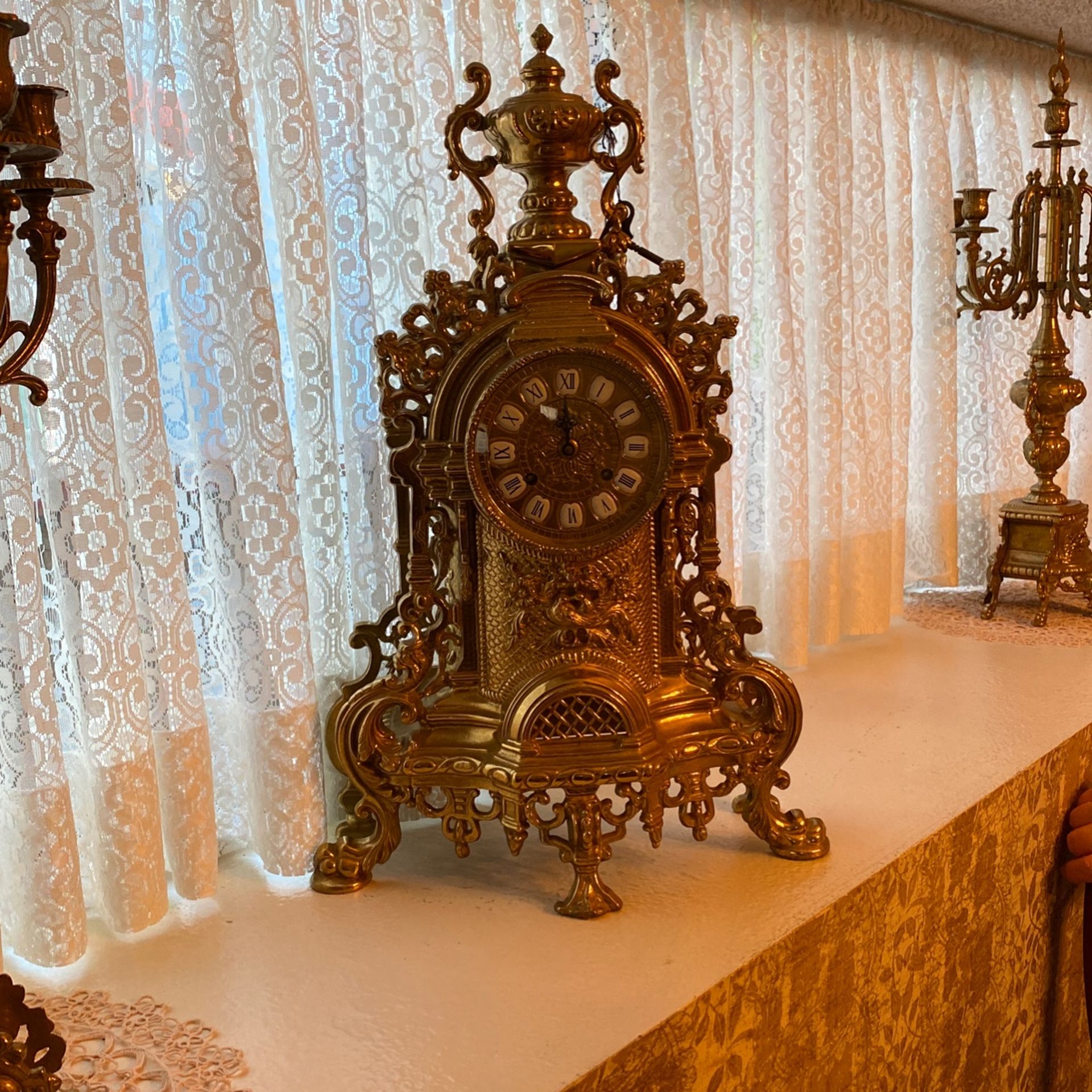 Brassfinished Cast Iron Clock Centerpiece With Two Matching Candelabras