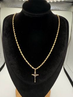 Heavy 14k Gold 22” Rope Chain + Two Tone Crucifix-100% Solid 14k Gold