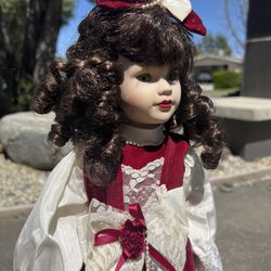 Vintage Porcelain Doll 17’’ Caucasian Red Faux Velvet Dress