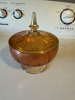 Vintage Marigold Carnival Glass Footed Candy Bowl with Lid 