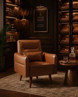 Button Tufted Faux Leather Accent Chair Armchair with Solid Sagwan Wooden Frame