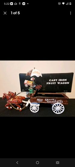 Vtg toy cast iron horse-drawn fruit and vegetable wagon Complete w/ Box 1970's