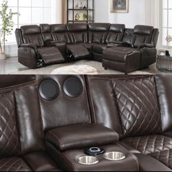 NEW CHAMPION BROWN RECLINING SECTIONAL WITH BLUETOOTH SPEAKERS USB CHARGER PORTS AND CHAISE 