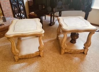 Ornately carved sofa table and end tables