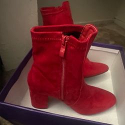 Red suede block heel boots