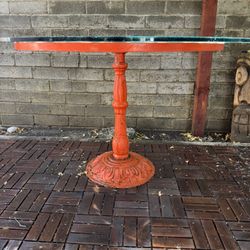Vintage Cast Iron Pedestal Table with Glass Top – Bright Coral Red Base