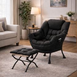 Chair with Ottoman, Black Chair Modern Large Accent Lounge Armchair, Comfy Leisure Sofa Reading Chair with Footrest for Bedroom, Living Room, Dorm Roo