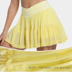 4 Women's Ruffle Mini Skirt High Waisted Athletic Skirts Pleated Tulle Skort with Shorts (Yellow,Small and medium)