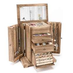 (930006) Jewelry Box for Women, Rustic Wooden Jewelry Boxes & Organizers with Mirror, 4 Layer Jewelry Organizer Box Display for Rings Earrings Necklac