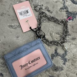 Juicy Couture Dusty Blue Top Notch Card Case Key Fob Wallet + Chunky Chain NWT