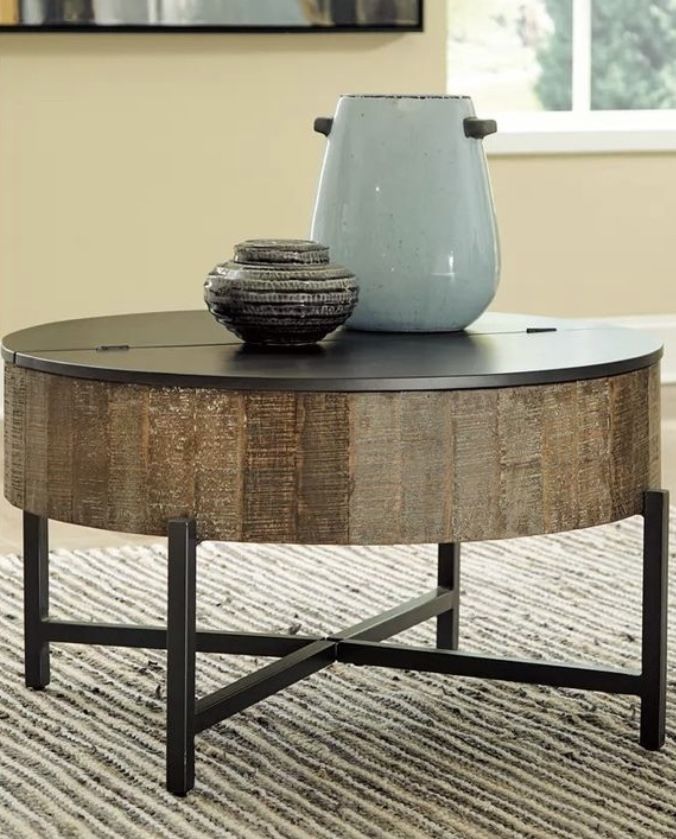 Ashley Firniture Rustic Round Coffee Table with Hidden Storage Under Lid, Brown & Black