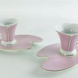 New!Classic Coffee YEDI Two Demitasse Cups & Saucers Porcelain Art Nouveau Pink (reseda ca)