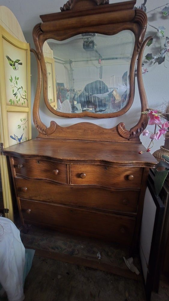 Antique Victorian Serpentine Dresser with Mirror