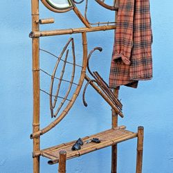 Antique bamboo hall tree with crescent mirror