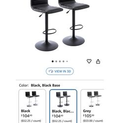 Vogue PU Leather Adjustable Swivel Bar Stools with Back, Set of 2 (Black)