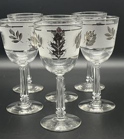 Vintage Libby Frosted Silver Leaf Wine Glasses/Goblets Set of 6