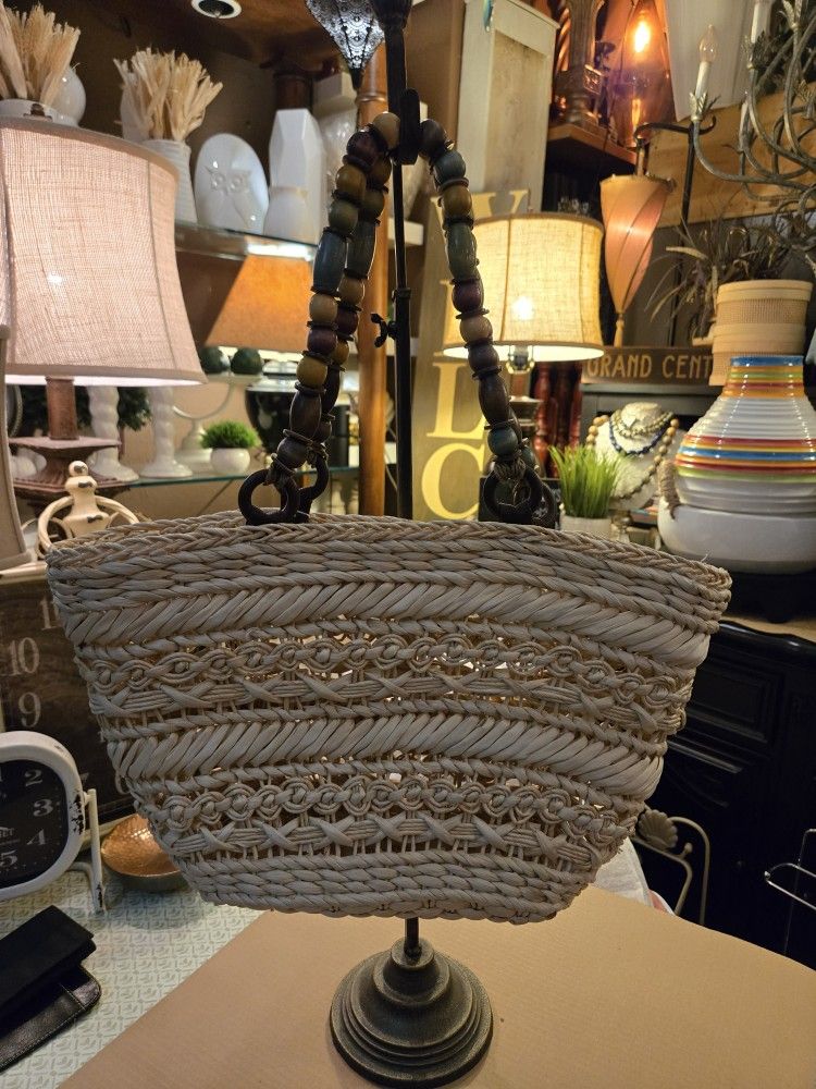 Woven Capelli Bag With Large Beeaded Handles