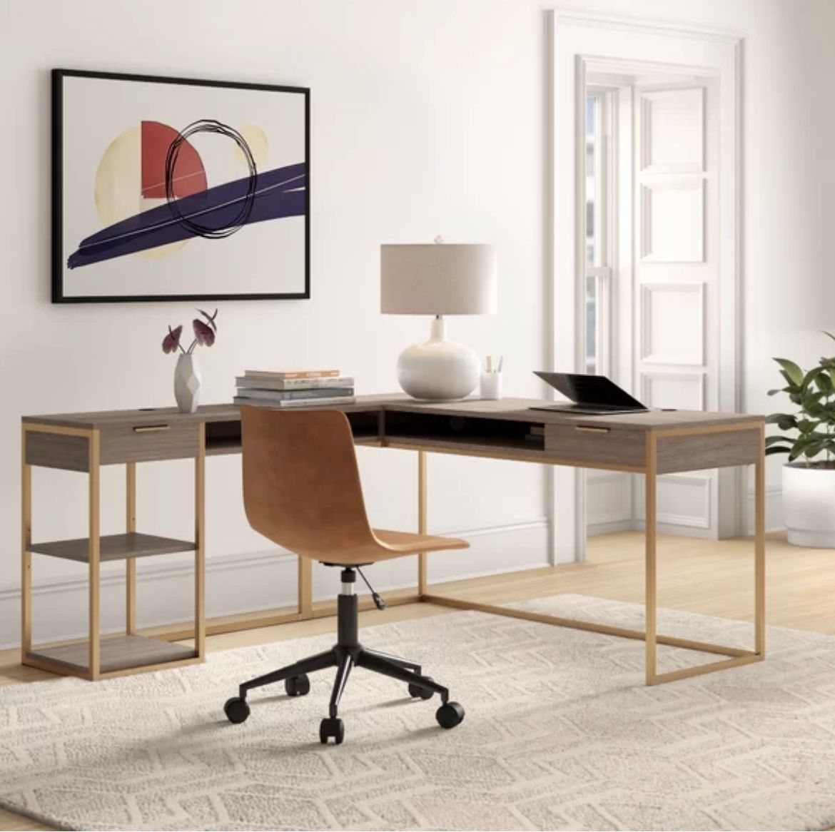 Hudson L Shaped Wood Too Gold Metal Desk