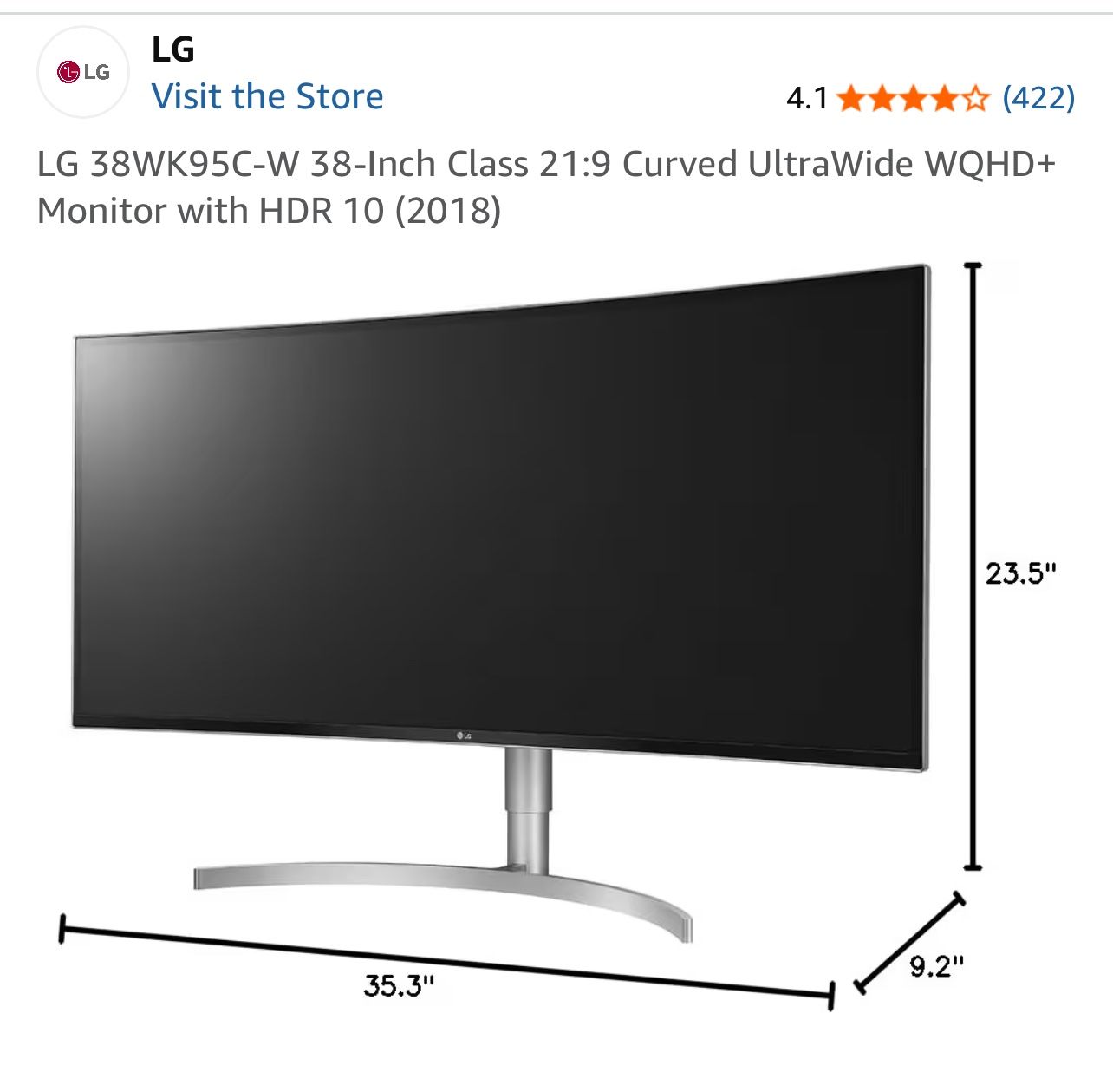 LG 38WK95C-W 38-Inch Class 21:9 Curved UltraWide WQHD+ Monitor with HDR 10 (2018)