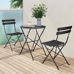 New -Metal 3-Piece Folding Bistro Table and Chairs Set, Outdoor Patio Dining Furniture for Small Spaces, Balcony, Black