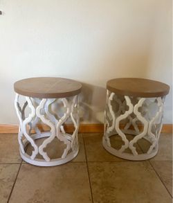 Pair of Round Decorative Accent / End Tables – Wood Tops & White Geometric Bases