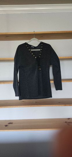 Yoins Women's Charcoal Lace-Up V-Neck Sweater Top