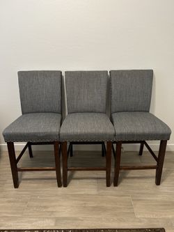 Set of 3 Grey Fabric Counter Stools with Nailhead Trim