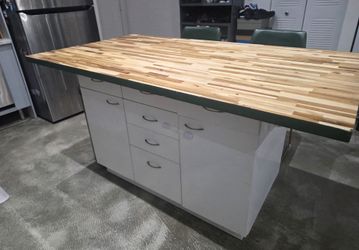 Kitchen Island Set - 72" Butcher Block Island + 2 Barstools - 6FT Island with Storage