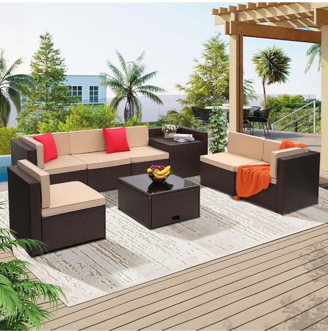 8 Piece Outdoor Wicker Patio Furniture Sectional Set - BROWN/BEIGE - BRAND NEW IN BOX