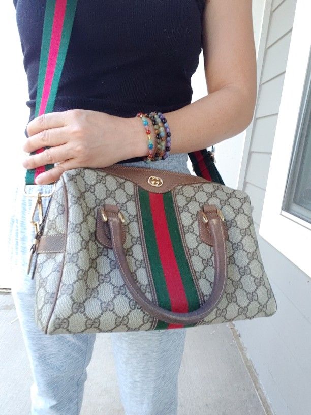 Authentic Vintage Gucci GG Monogram Supreme Sherry Web Ophidia Boston Doctor Crossbody Satchel Bag