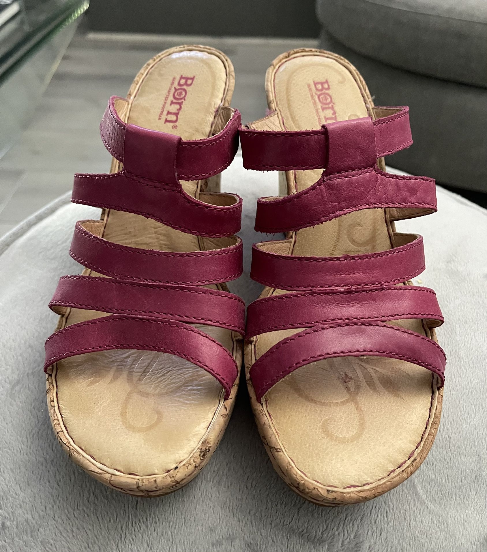 Born Sandals Fuchsia Pink Leather Cork Platform Wedge Sandals Size 7 / 38
